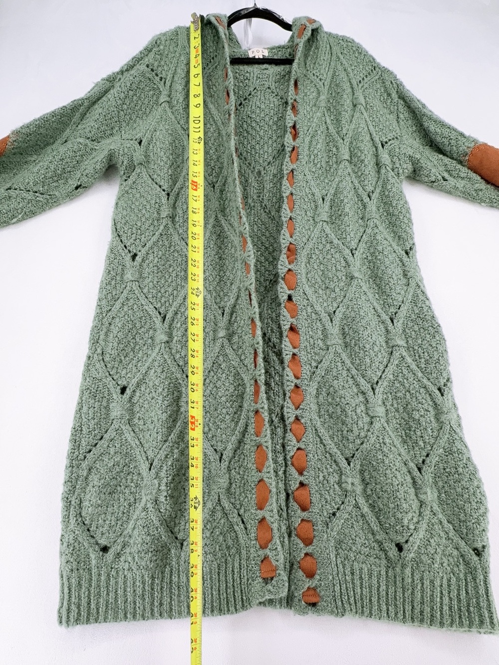 POL Cable Knit Hooded Cardigan Sweater Green L - Picture 6 of 8